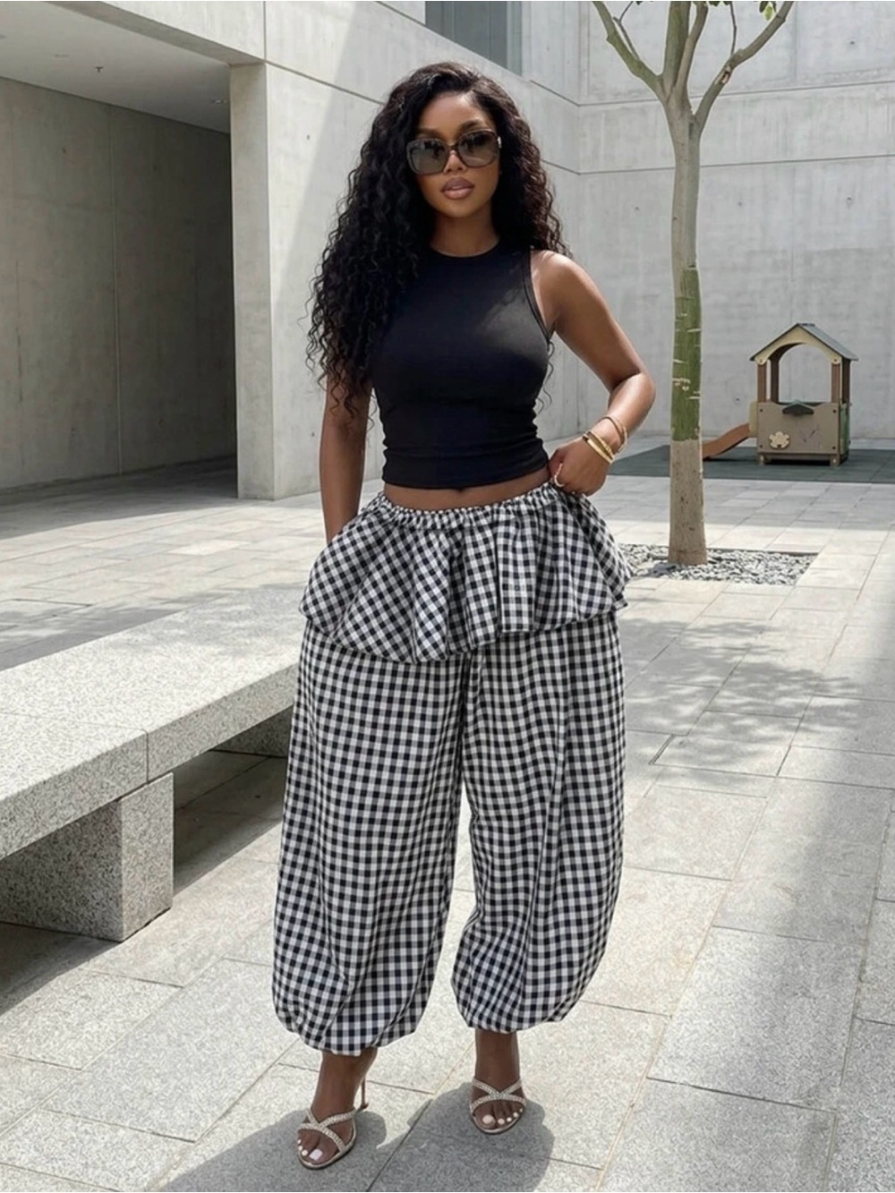 Black & White Plaid Balloon Pants w/ Ruffle Hem